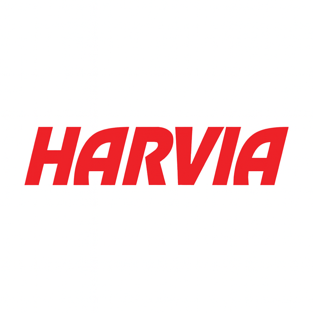 Harvia sauna heaters USA logo in bold red text on a white background representing authentic Finnish sauna products
