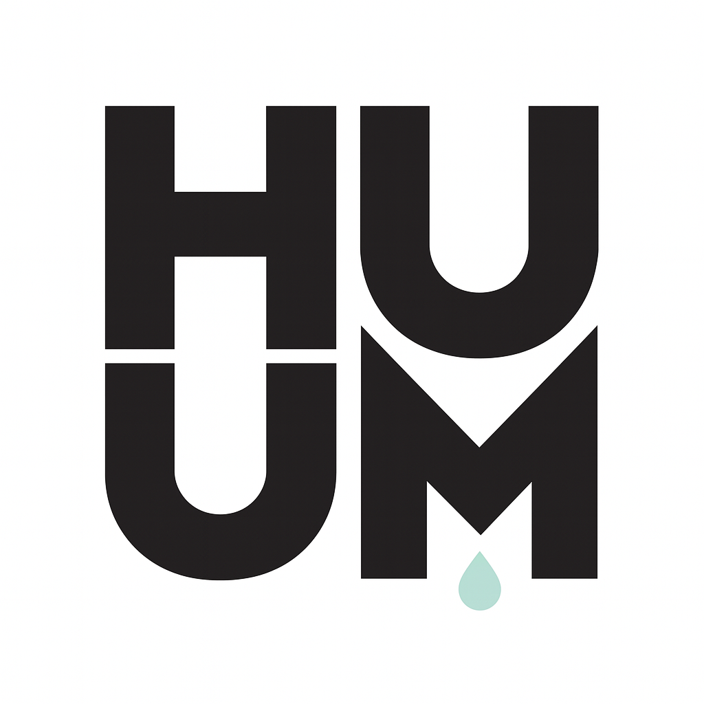 HUUM sauna heaters logo featuring bold black letters with minimalist design and a blue water drop