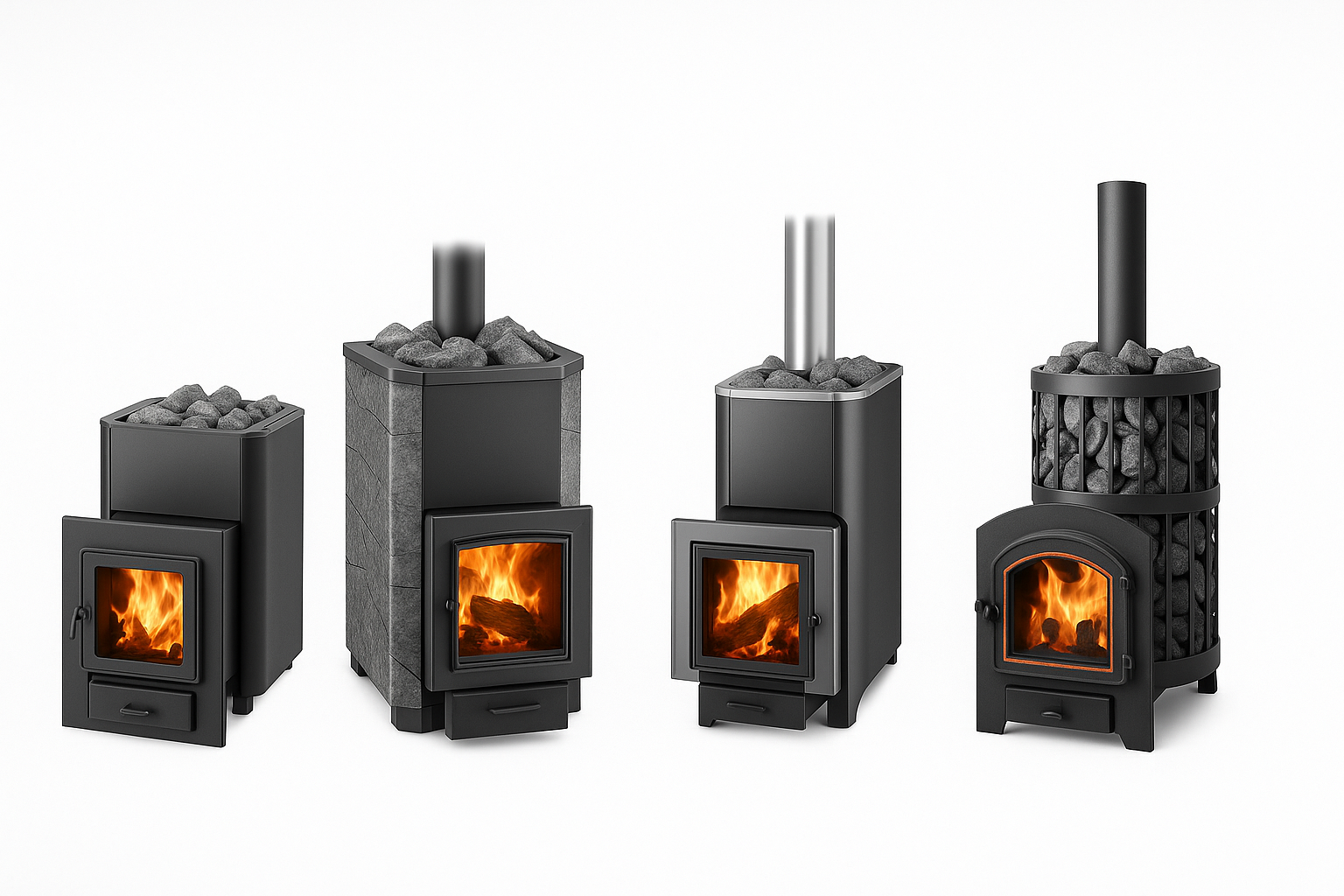 Four wood burning sauna heater models with visible flames and top sauna stones showcasing varied cast iron and stone designs