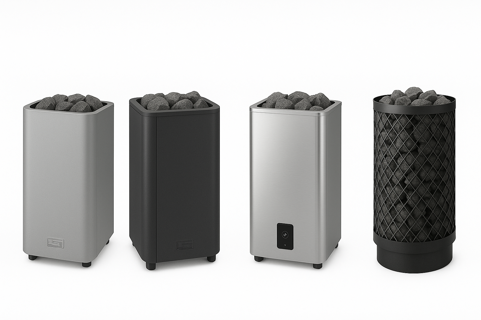 luxury sauna heater electric collection showing four modern stainless and black sauna stoves topped with stones