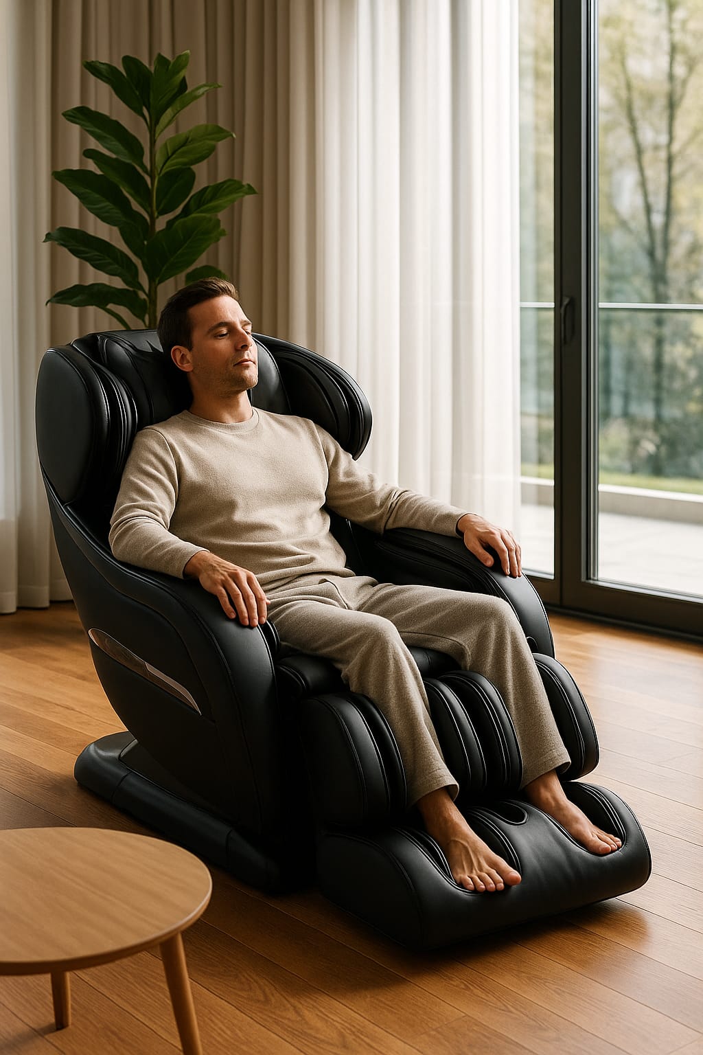 Man relaxing in a black luxury massage chairs with advanced features in a modern living room