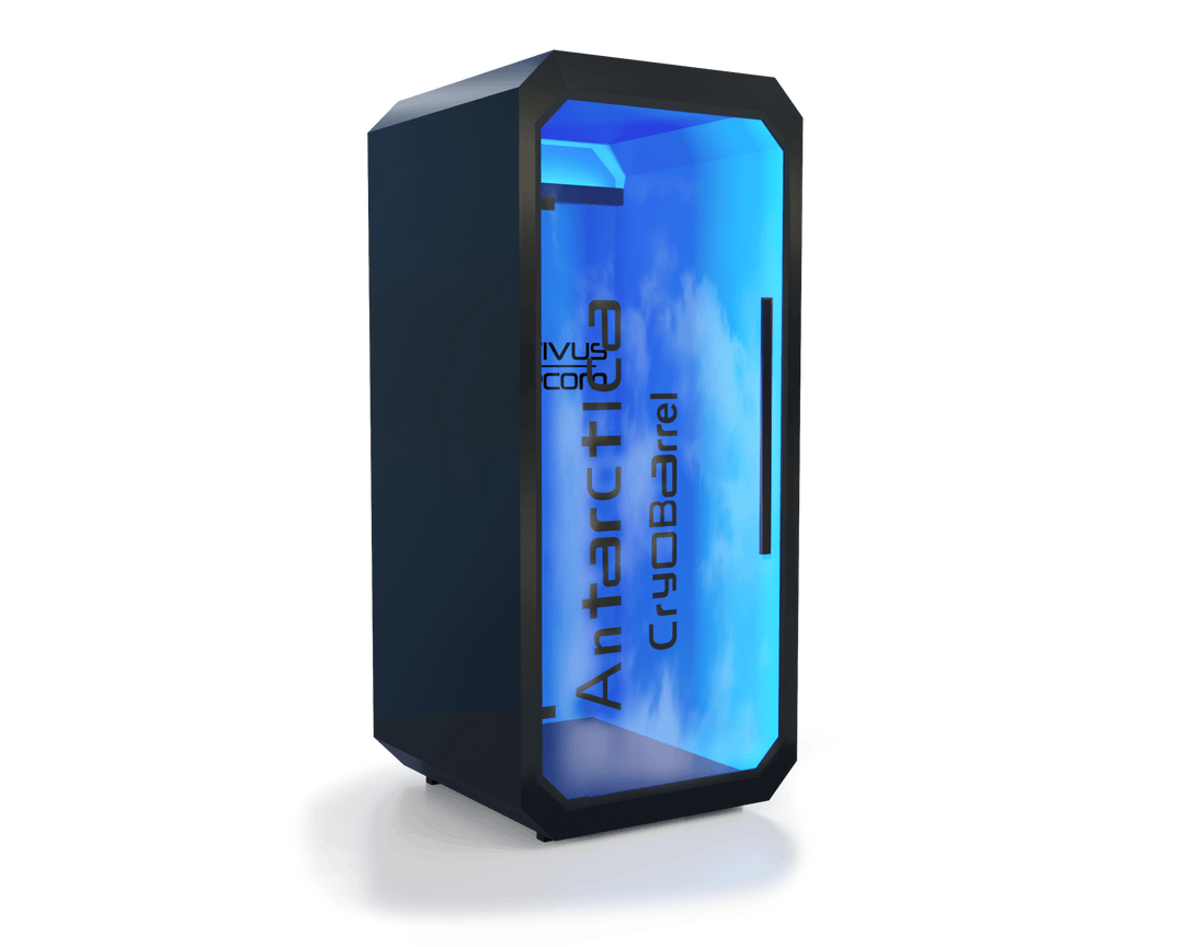 Vacuactivus Antarctica home cryotherapy chamber with a modern design and soothing blue interior lighting