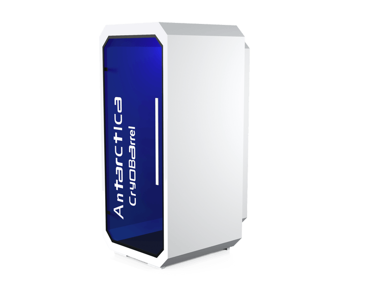 Vacuactivus home cryotherapy chamber with sleek design and blue interior lighting for personal use