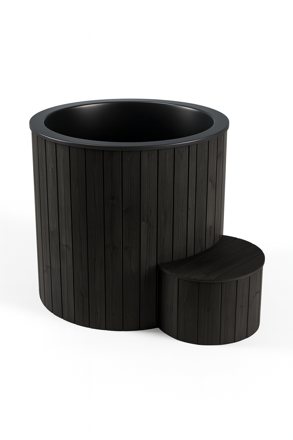 SaunaLife 1 person immersion tub in dark wood with matching step for home relaxation