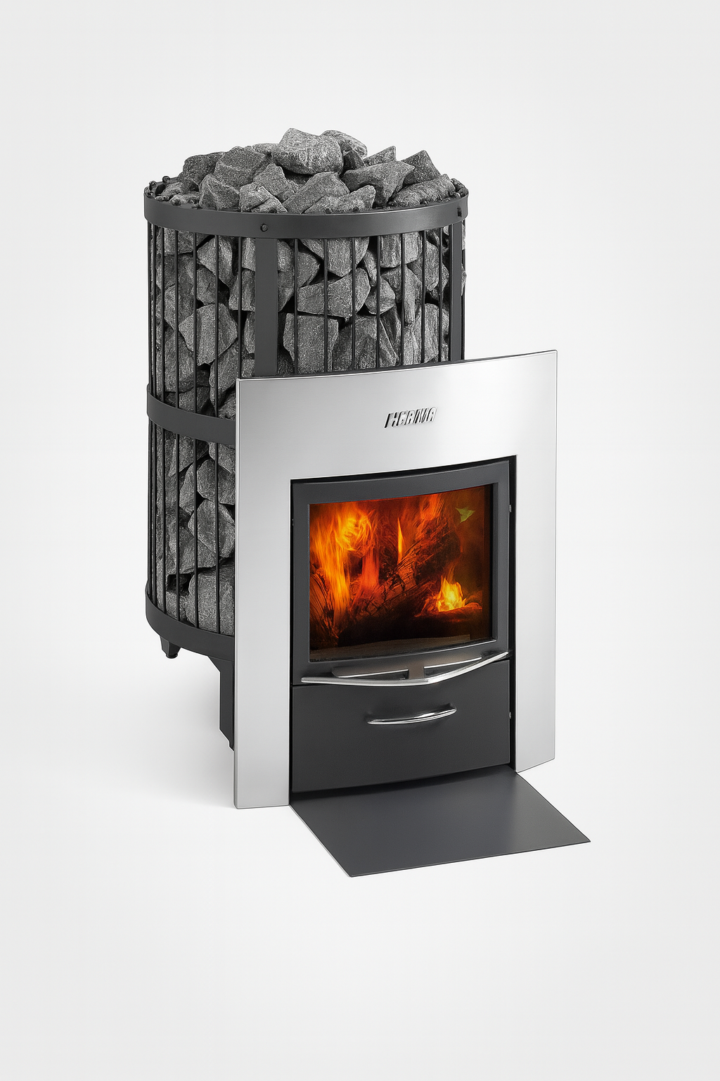 Harvia 240 Duo sauna heater with stainless steel front and visible fire inside heater stones