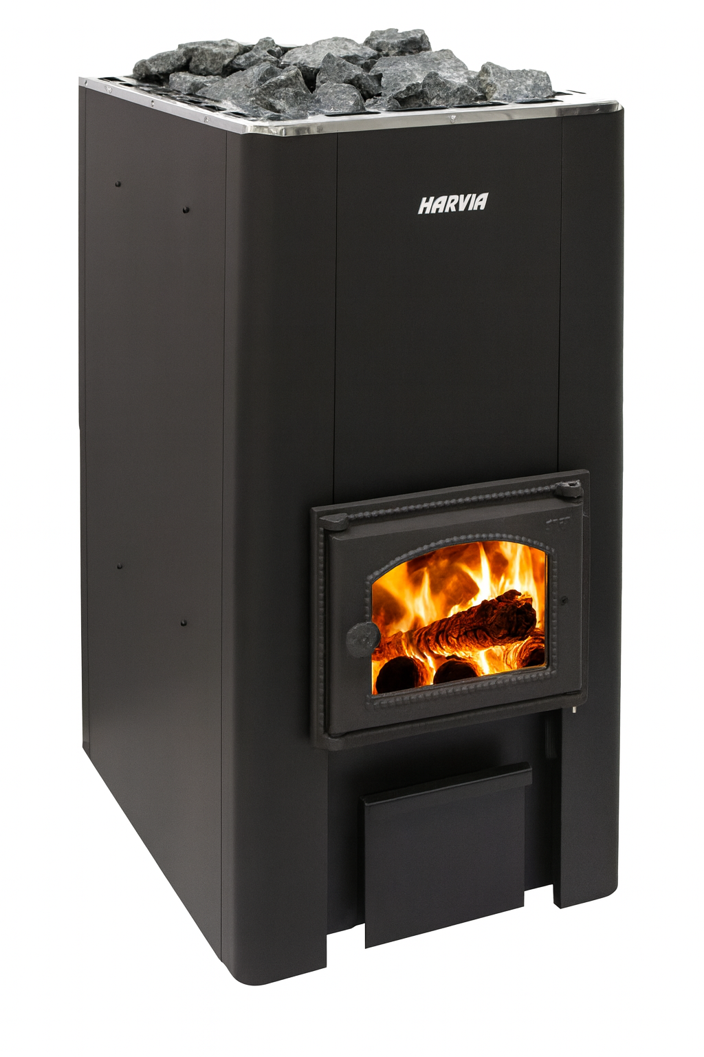Harvia 50 wood burning sauna heater with fire burning inside and sauna stones on top