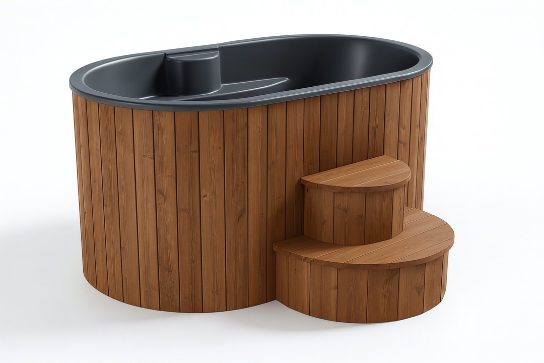 SaunaLife home spa immersion tub with wooden exterior and black interior with steps