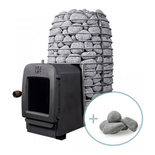 HUUM wood burning sauna stove with metal frame filled with sauna stones and additional stones shown