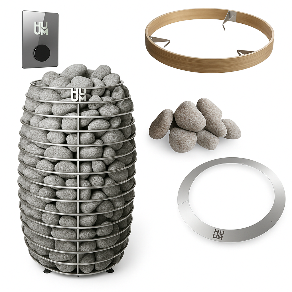HUUM HIVE Mini sauna heater package including heater with stones, control panel, wooden ring, and metal frame