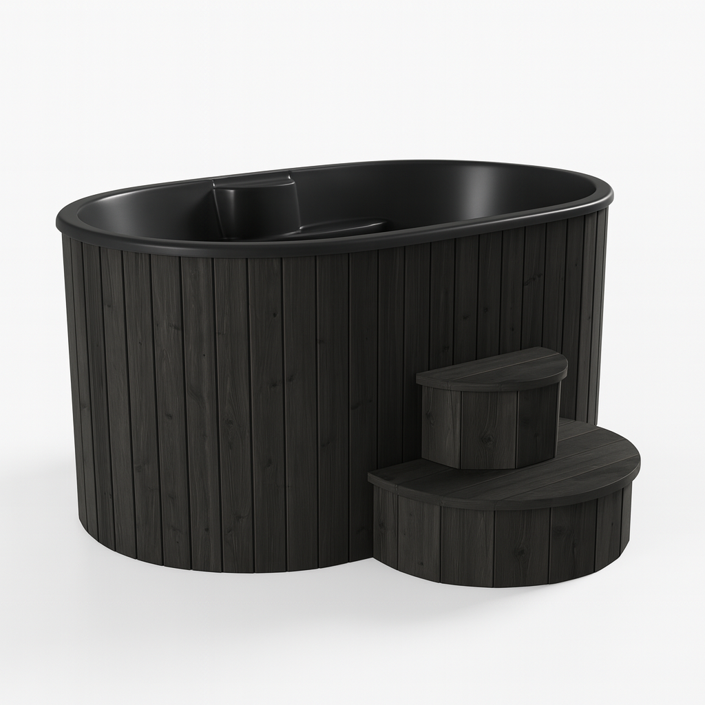 SaunaLife luxury home spa immersion tub in dark wood with built-in steps and ergonomic design