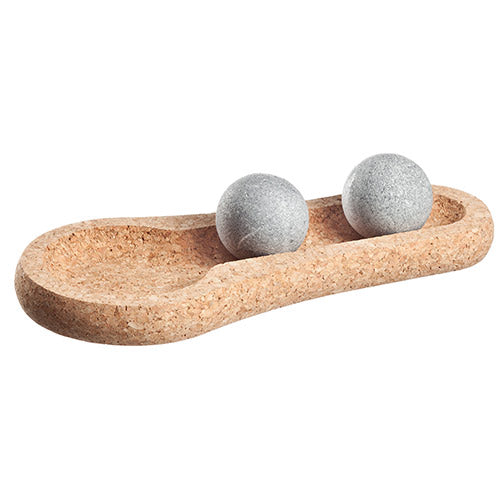 Hukka Finnish soapstone foot warmer with two round soapstone stones in cork tray accessory