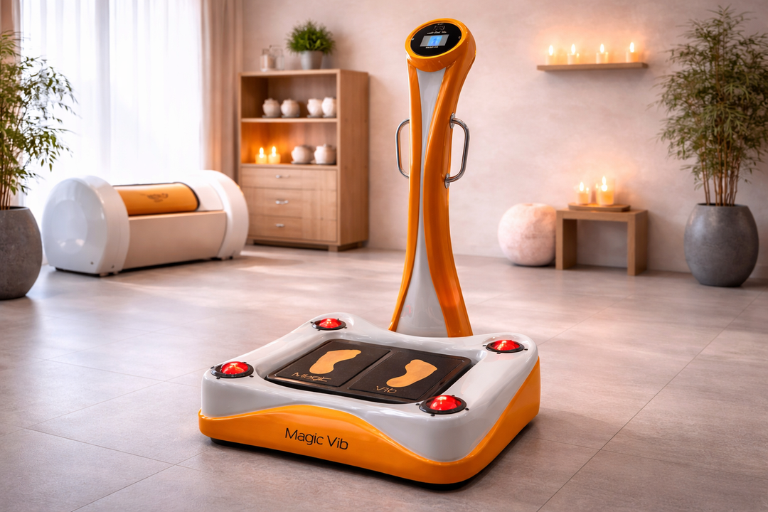 Magic Vib infrared vibration platform with touchscreen used for whole body vibration training in modern wellness studio