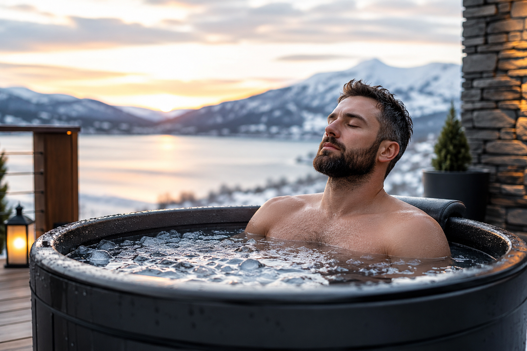 Cold plunge user practicing cold water immersion in a luxury outdoor wellness setting with mountain views, icy water, and a calm recovery-focused atmosphere.