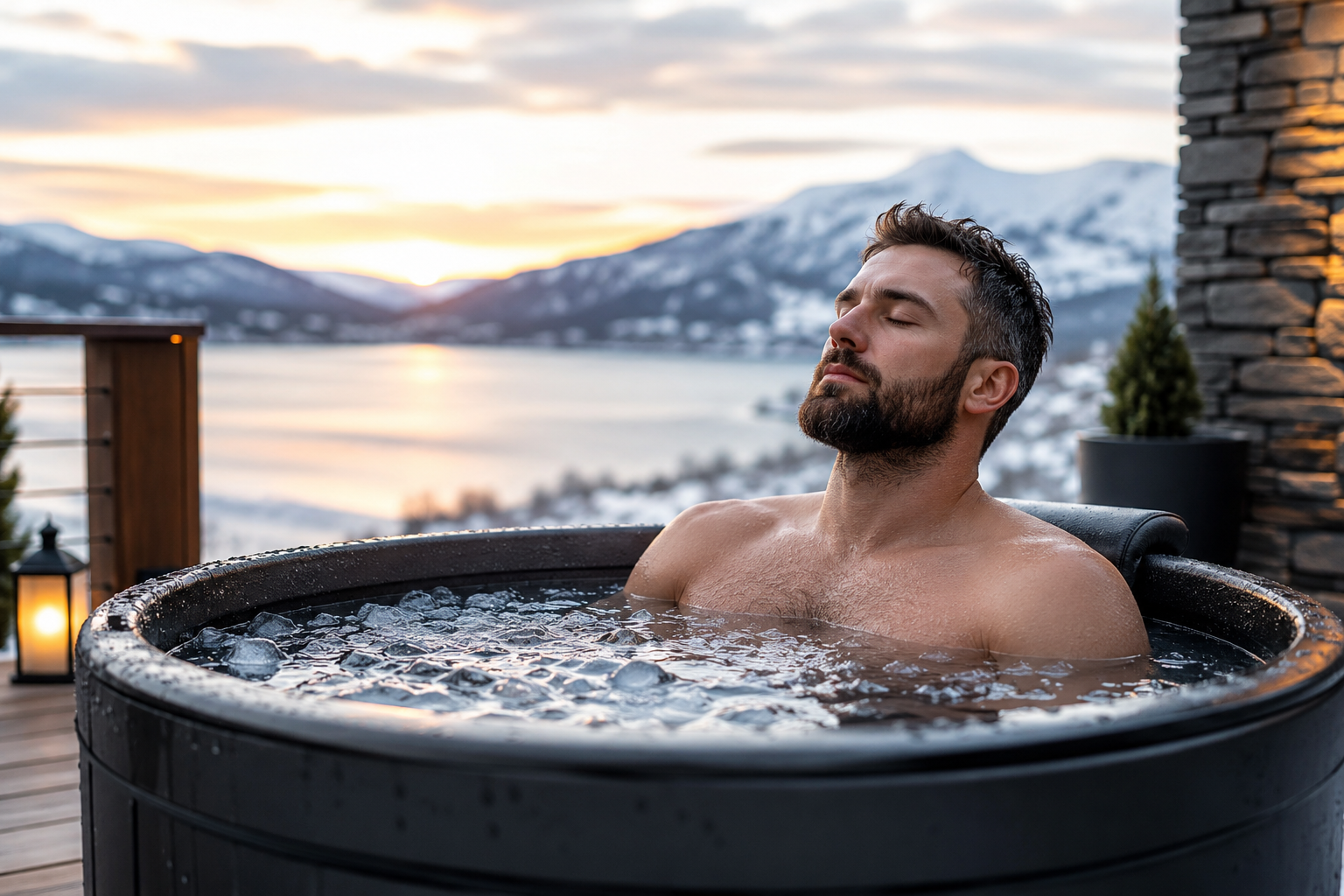 Cold plunge user practicing cold water immersion in a luxury outdoor wellness setting with mountain views, icy water, and a calm recovery-focused atmosphere.