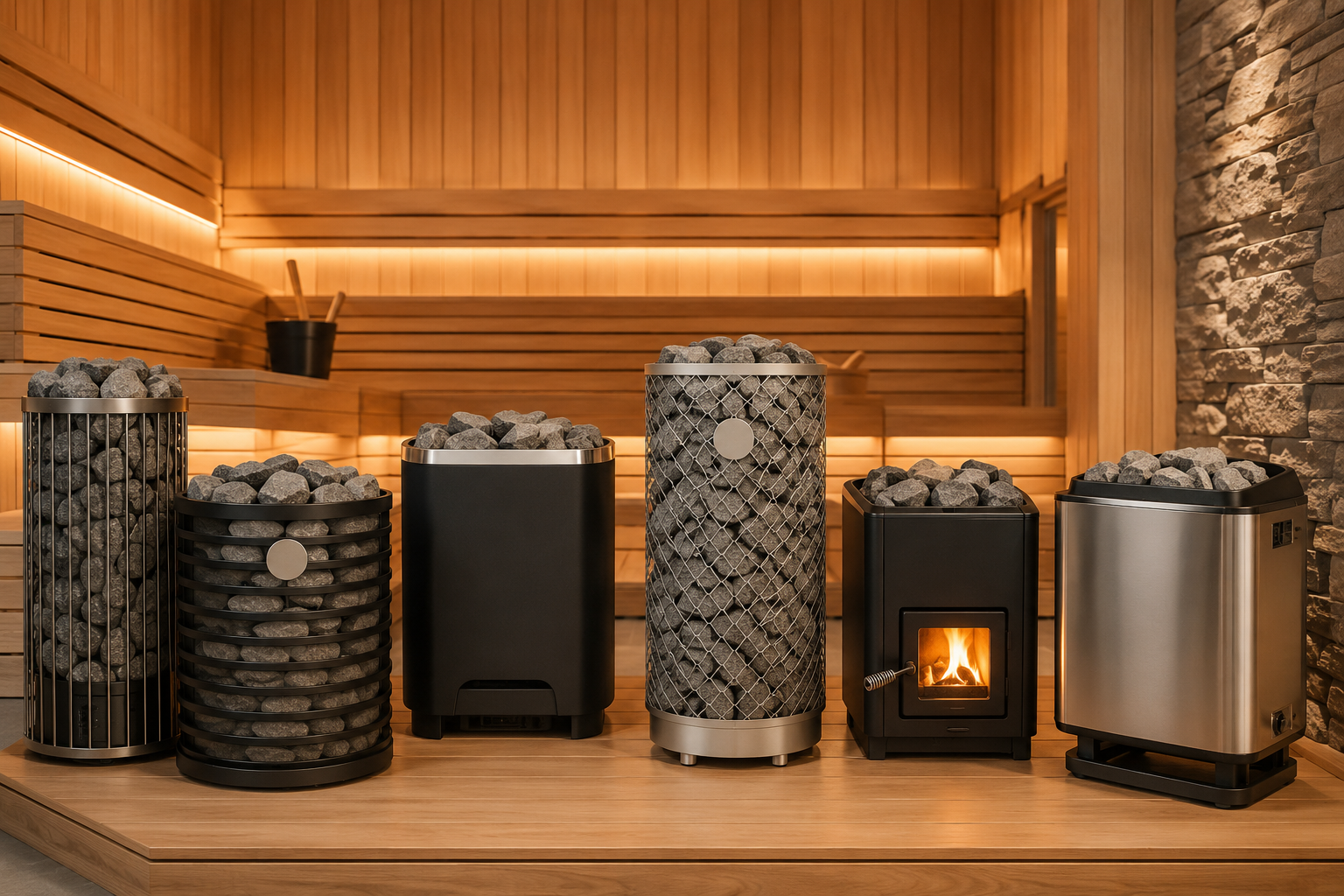 Collection of modern electric and wood-burning sauna heaters displayed inside a luxury wood-paneled sauna.