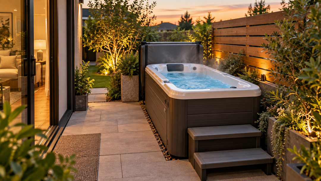 Compact one-person hot tub on a small backyard patio with steps, clear walking space, privacy screening, and evening lighting.