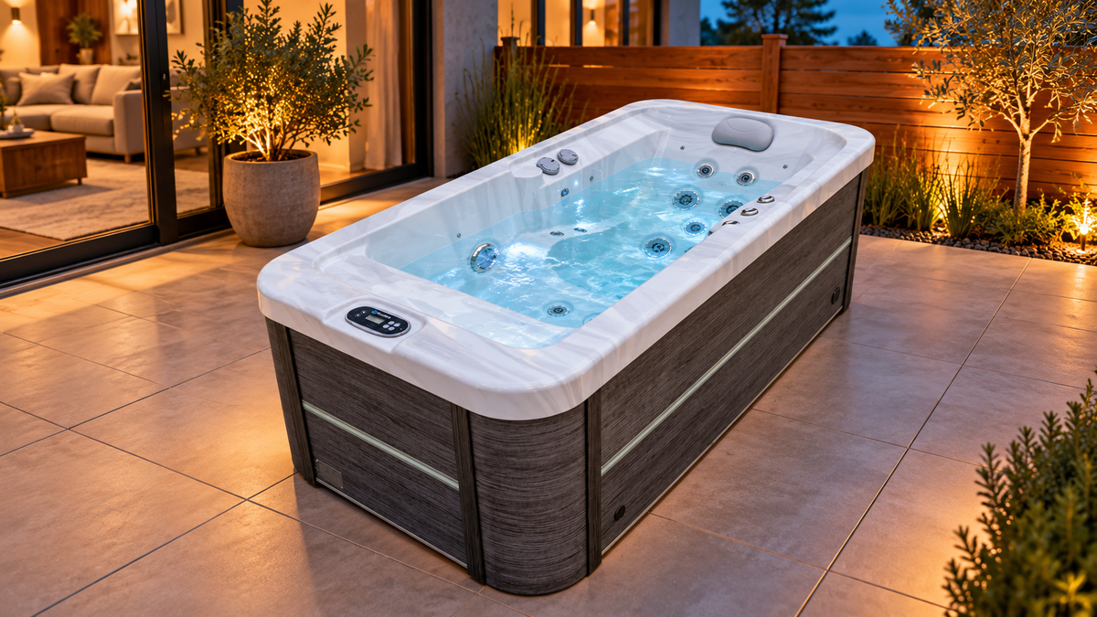 White Lacey Hybrid hot tub with a dark gray woodgrain cabinet on a stone patio at dusk.