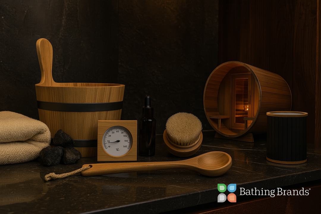 Spa essentials including wooden bucket, brush, towel, and oil displayed by official Bathing Brands dealer
