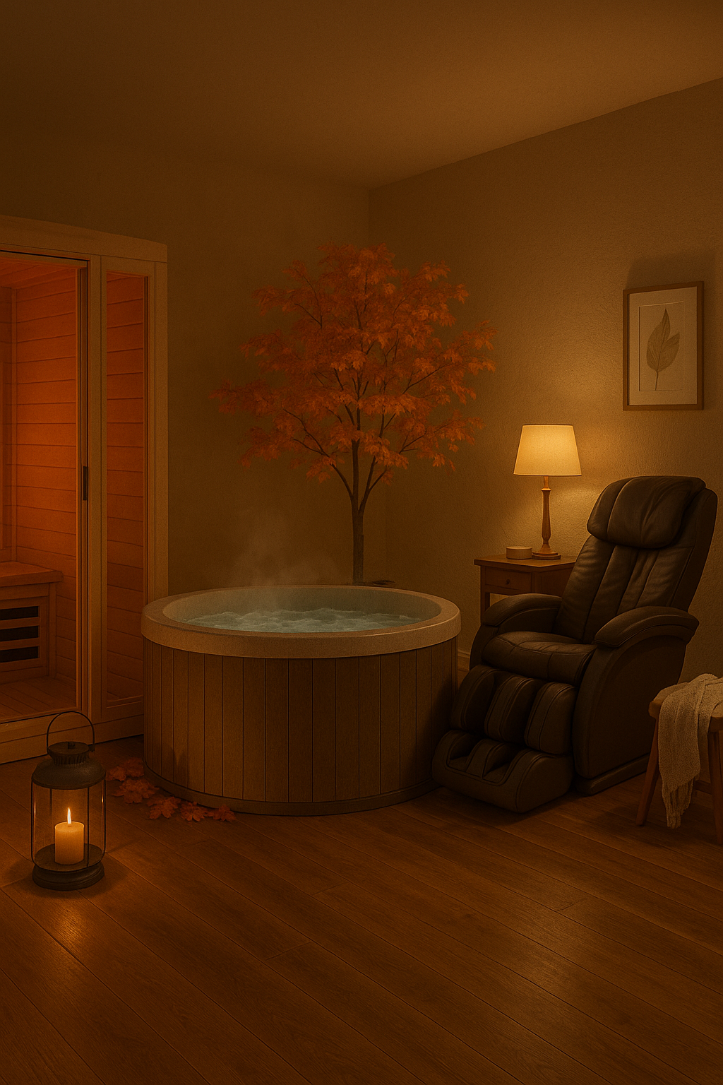 Cozy room with round hot tub massage chair sauna door autumn tree and candlelight luxury home spa ideas for fall