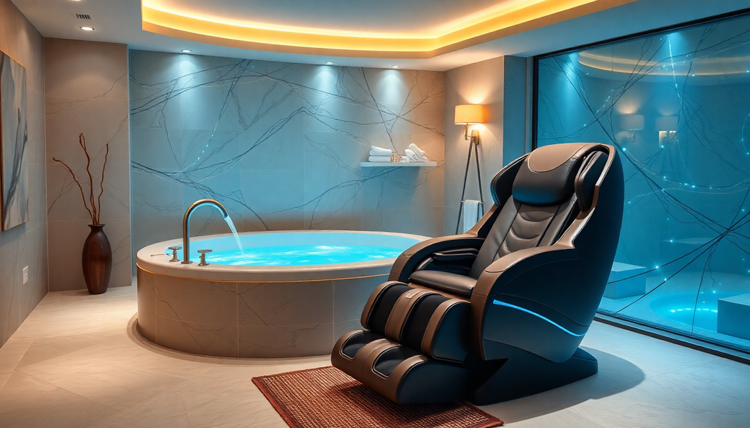 Luxury home spa scene with an indoor sauan and a luxury massage chair