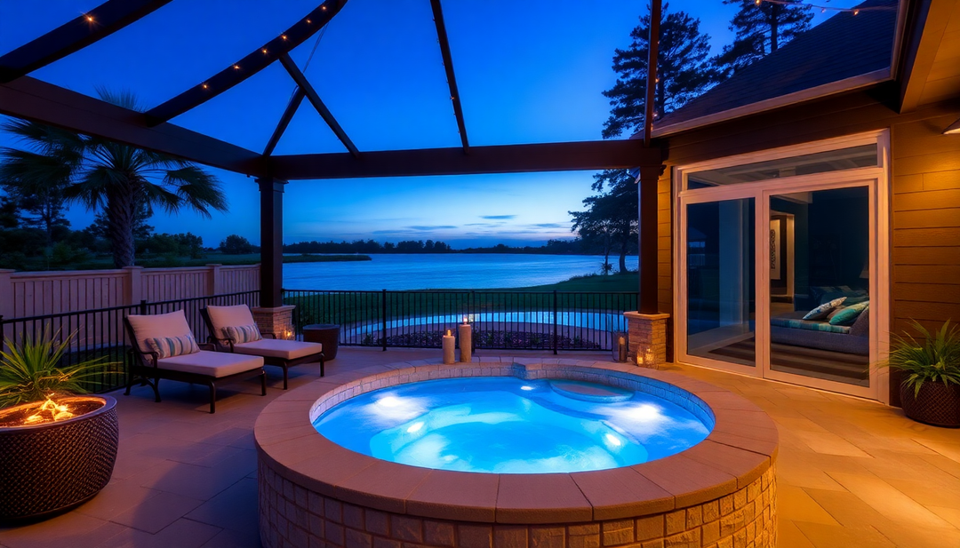Luxurious patio with hot tub