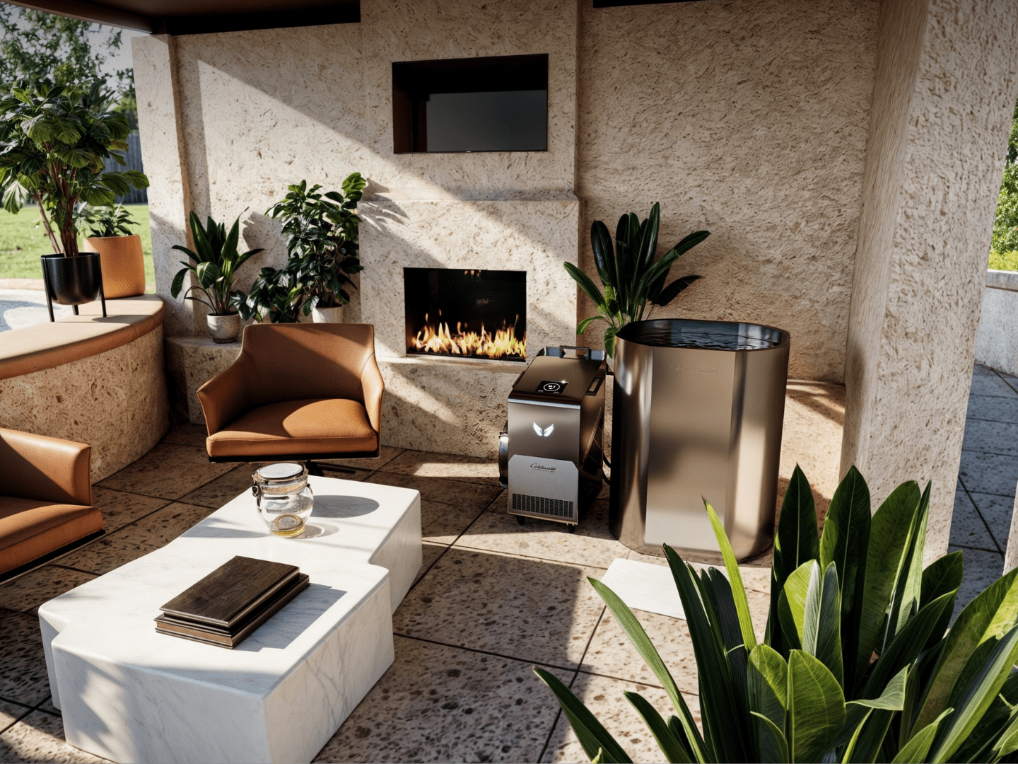 Luxury outdoor wellness lounge featuring a premium cold plunge tub and chiller beside a modern fireplace.