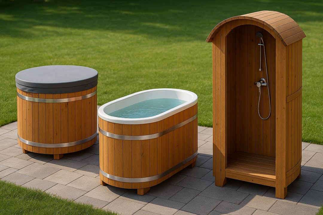Luxury immersion tubs and outdoor barrel shower made of wood for home wellness and contrast therapy