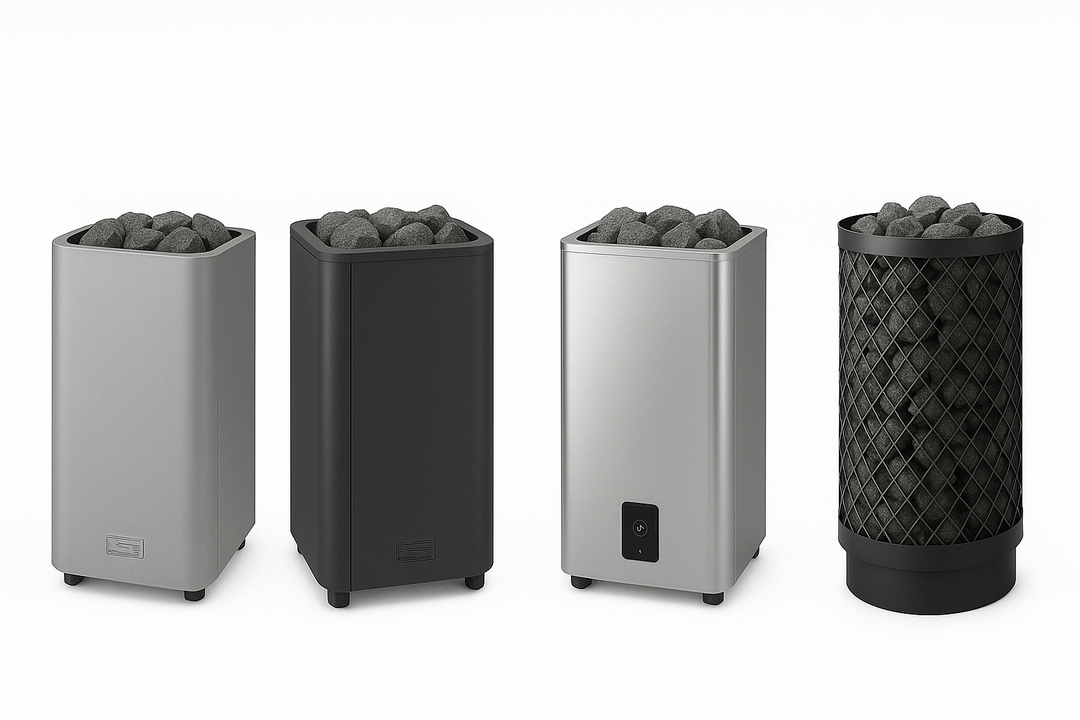 luxury sauna heater electric collection showing four modern stainless and black sauna stoves topped with stones