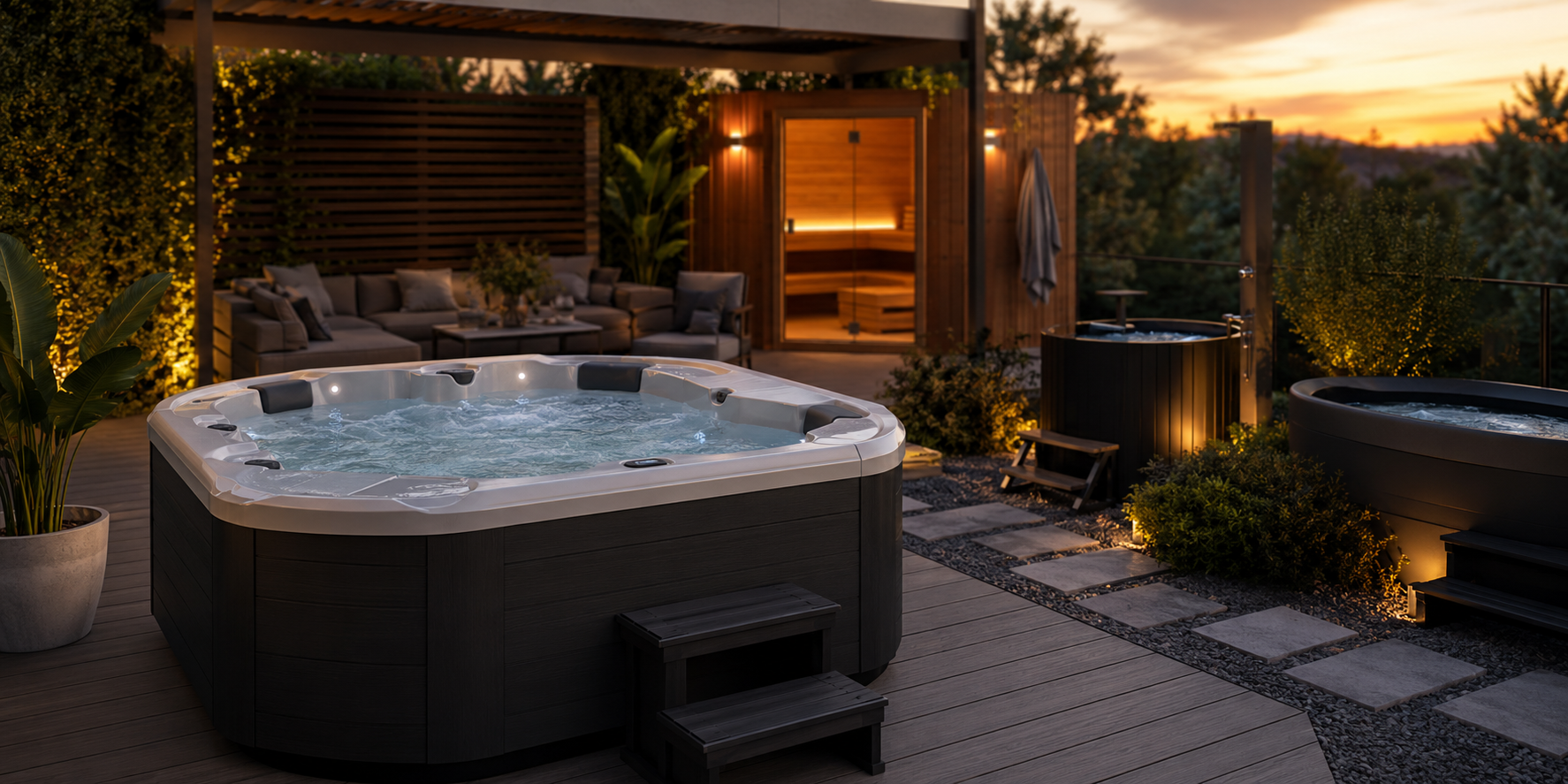 Luxury hybrid plug and play hot tub in a modern backyard wellness retreat with outdoor sauna and premium landscape design.