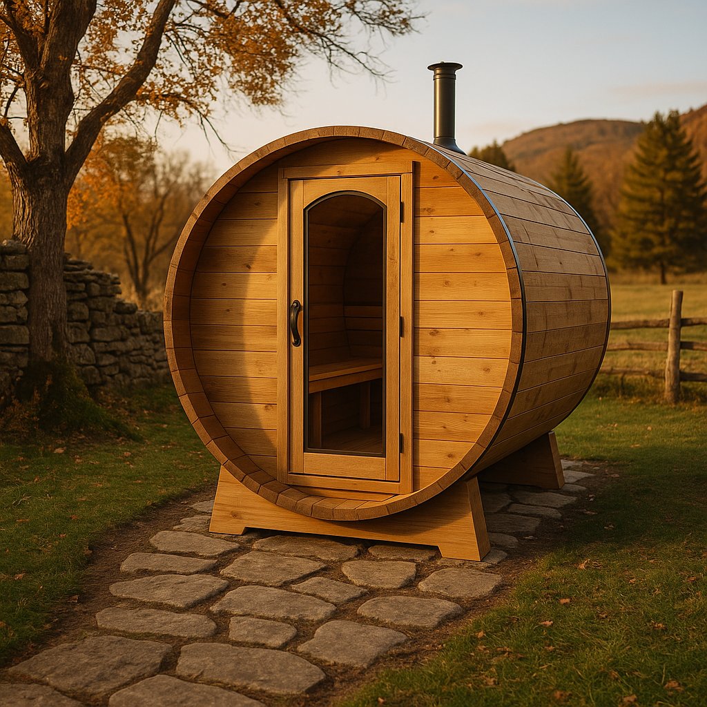 Cozy luxury barrel saunas made from rich wood, perfect for relaxation and wellness