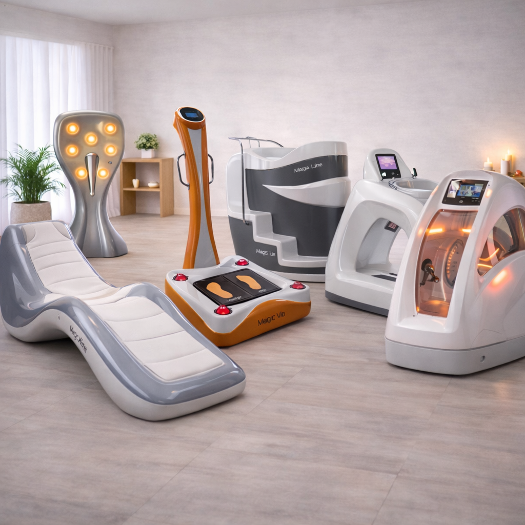 Med spa wellness equipment setup featuring body contouring systems, infrared therapy devices, and recovery machines in a clean, modern treatment room