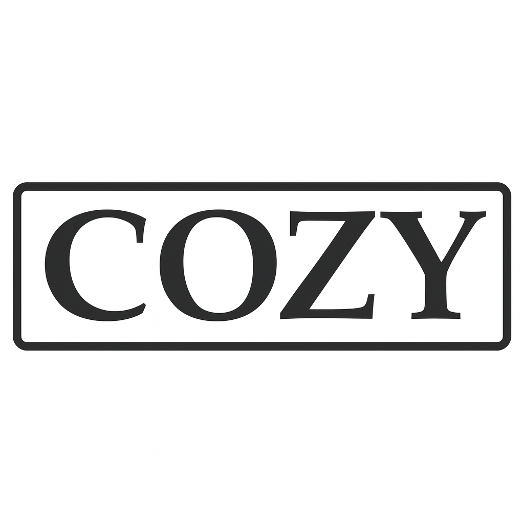 COZY logo in bold black serif letters inside a rounded rectangular black border.
