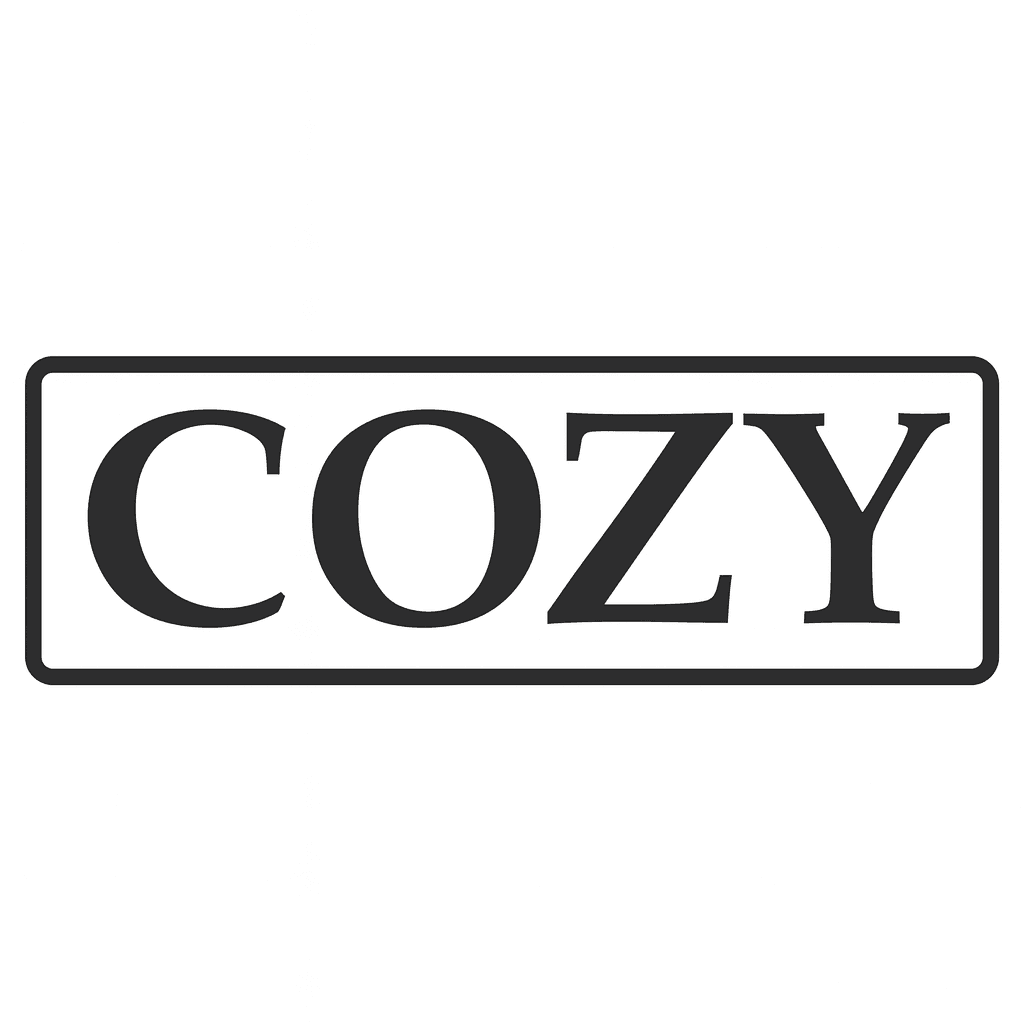 COZY logo in bold black serif letters inside a rounded rectangular black border.