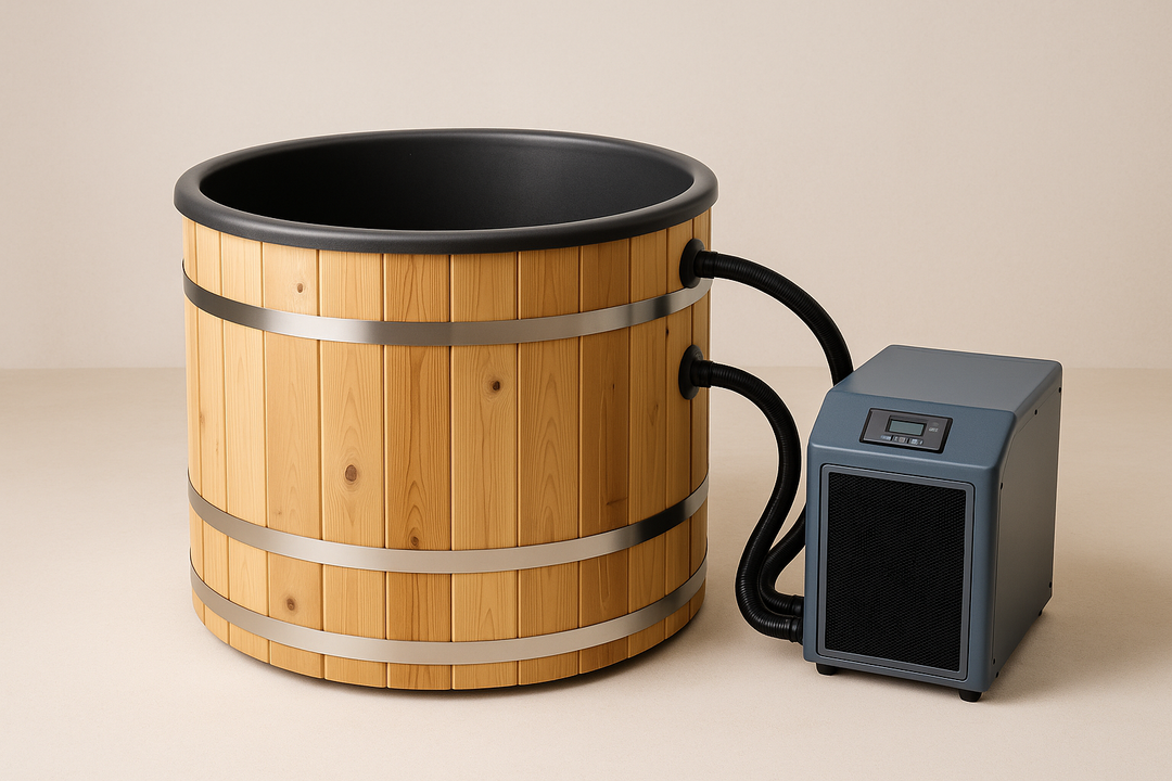 Chillers Collection of cold plunge equipment with a wooden barrel and advanced cooling system for spa settings