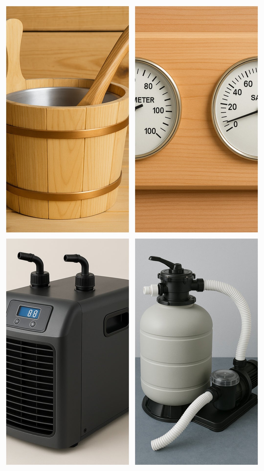 Luxury spa accessories collection featuring wooden bucket, gauges, air cooler, and filtration system