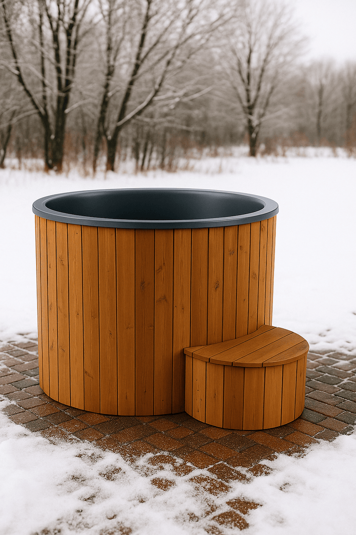 SaunaLife 1 person cold plunge tub made of natural wood with a step for easy access