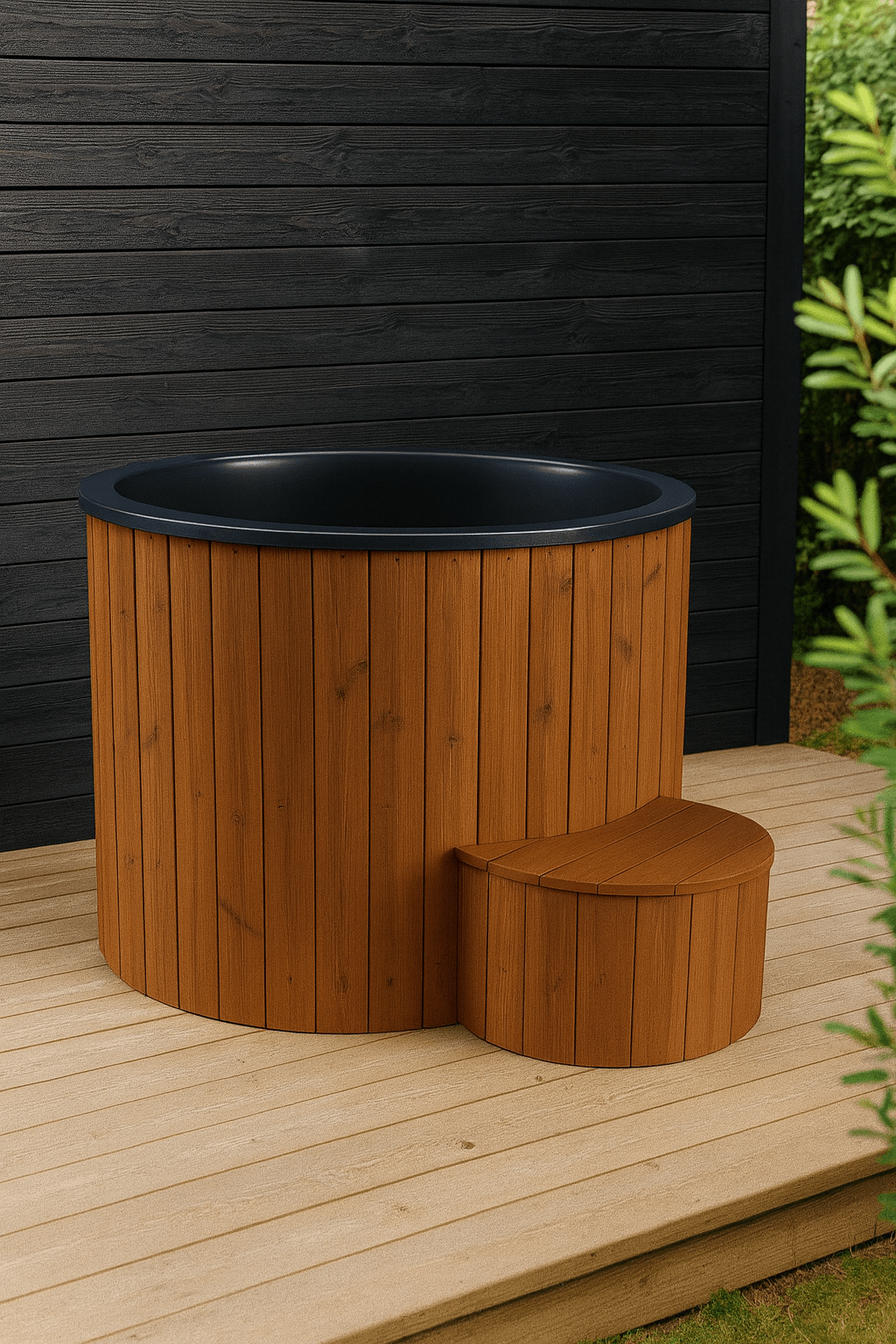 SaunaLife 1 person cold plunge tub with wooden exterior and seating for relaxation in outdoor space