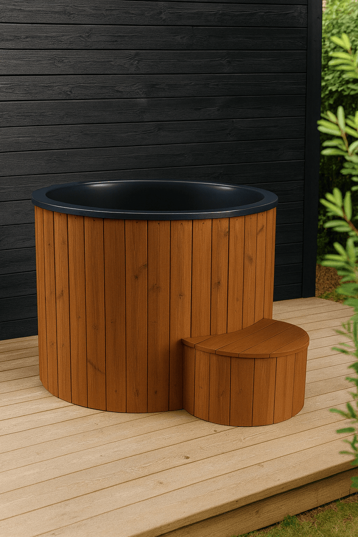 SaunaLife 1 person cold plunge tub with wooden exterior and seating for relaxation in outdoor space