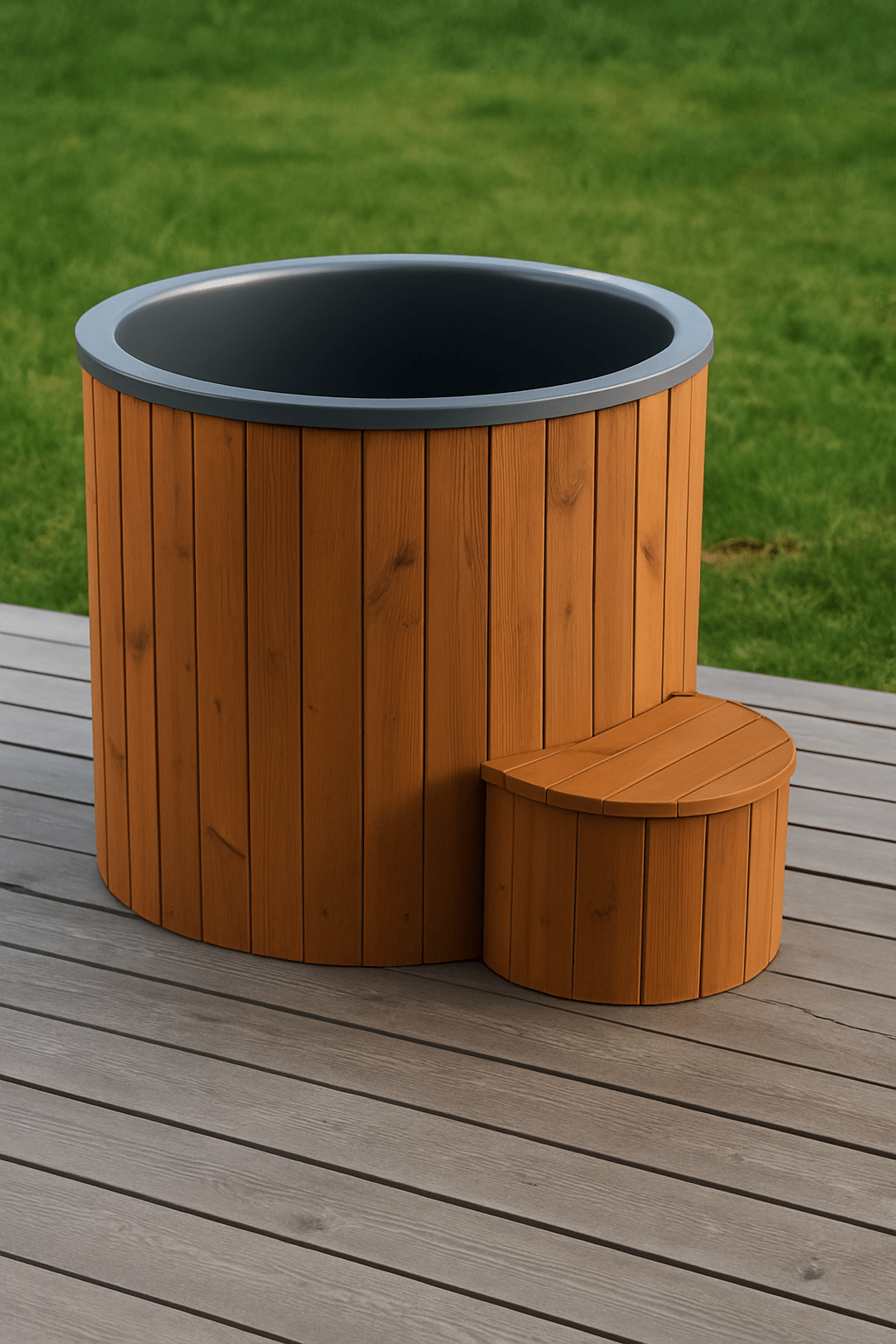 SaunaLife 1 person cold plunge tub with rustic wooden design and side step for easy access