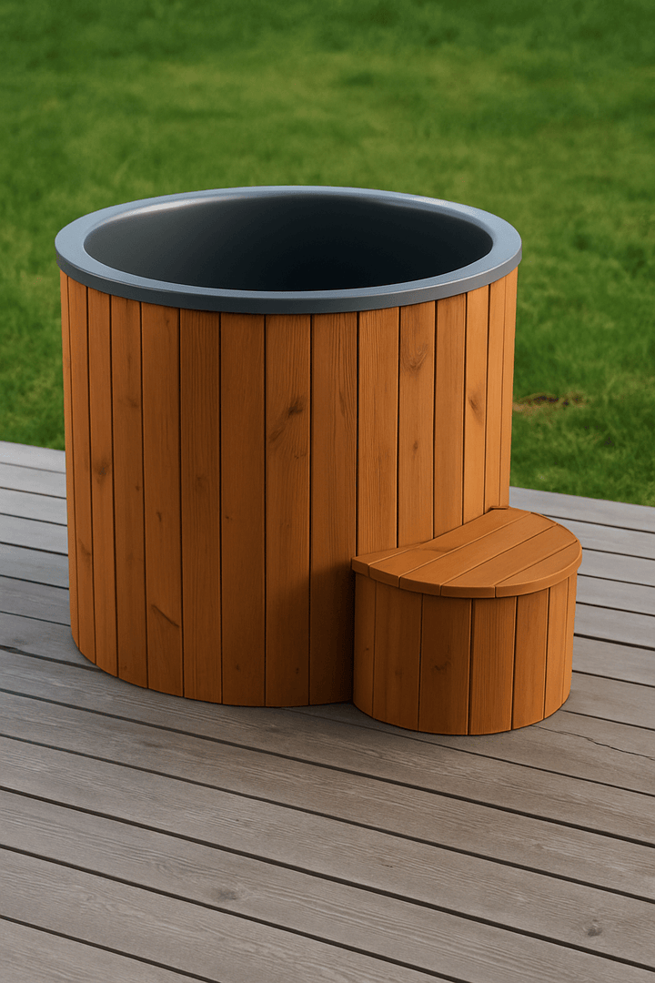 SaunaLife 1 person cold plunge tub with rustic wooden design and side step for easy access