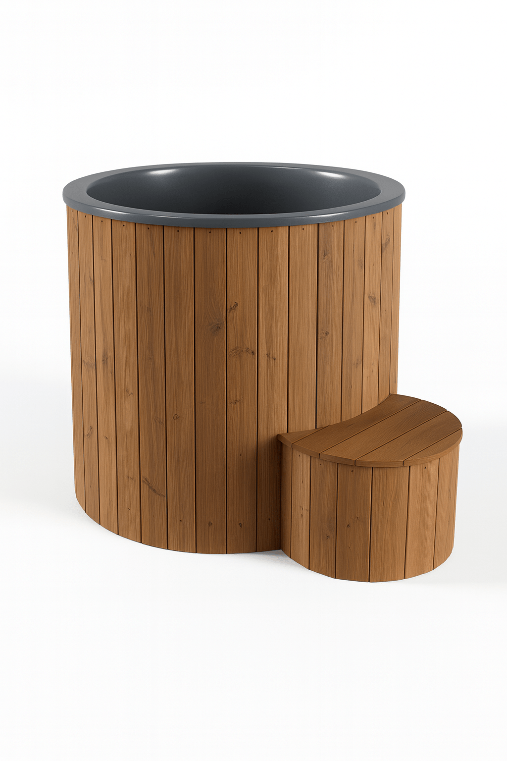 SaunaLife 1 person cold plunge tub made of wood with a matching step for easy entry