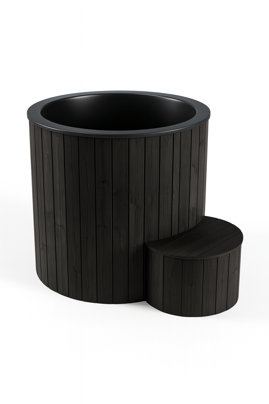 SaunaLife 1 person immersion tub in dark wood finish with step for easy access