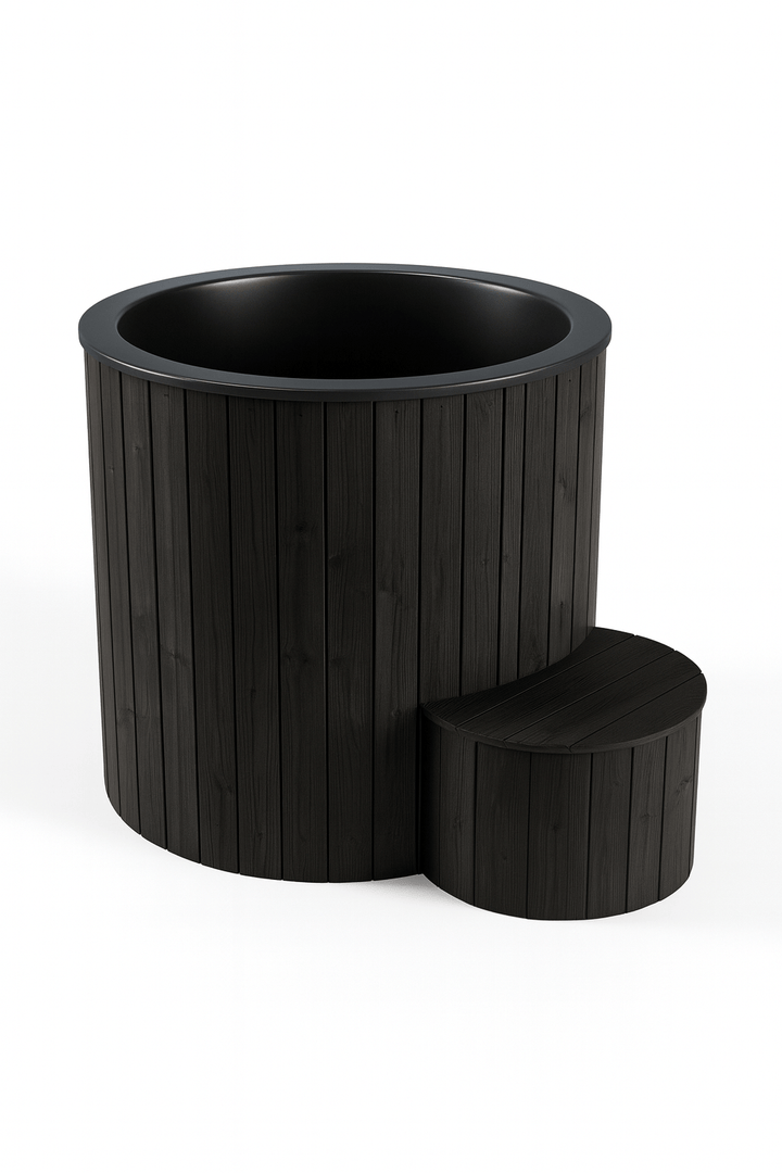 SaunaLife 1 person immersion tub in dark wood finish with step for easy access
