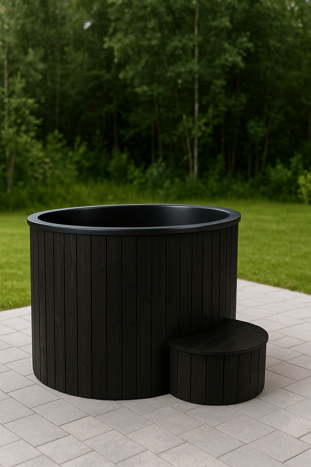 SaunaLife 1 person immersion tub in black wood finish perfect for outdoor relaxation