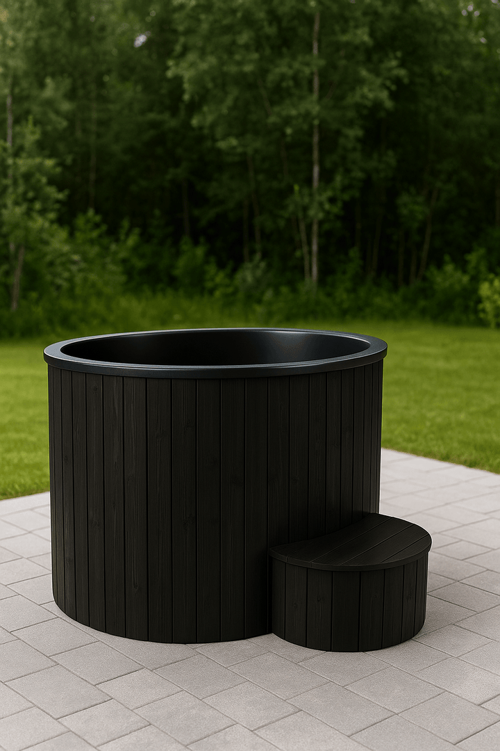 SaunaLife 1 person immersion tub in black wood finish perfect for outdoor relaxation