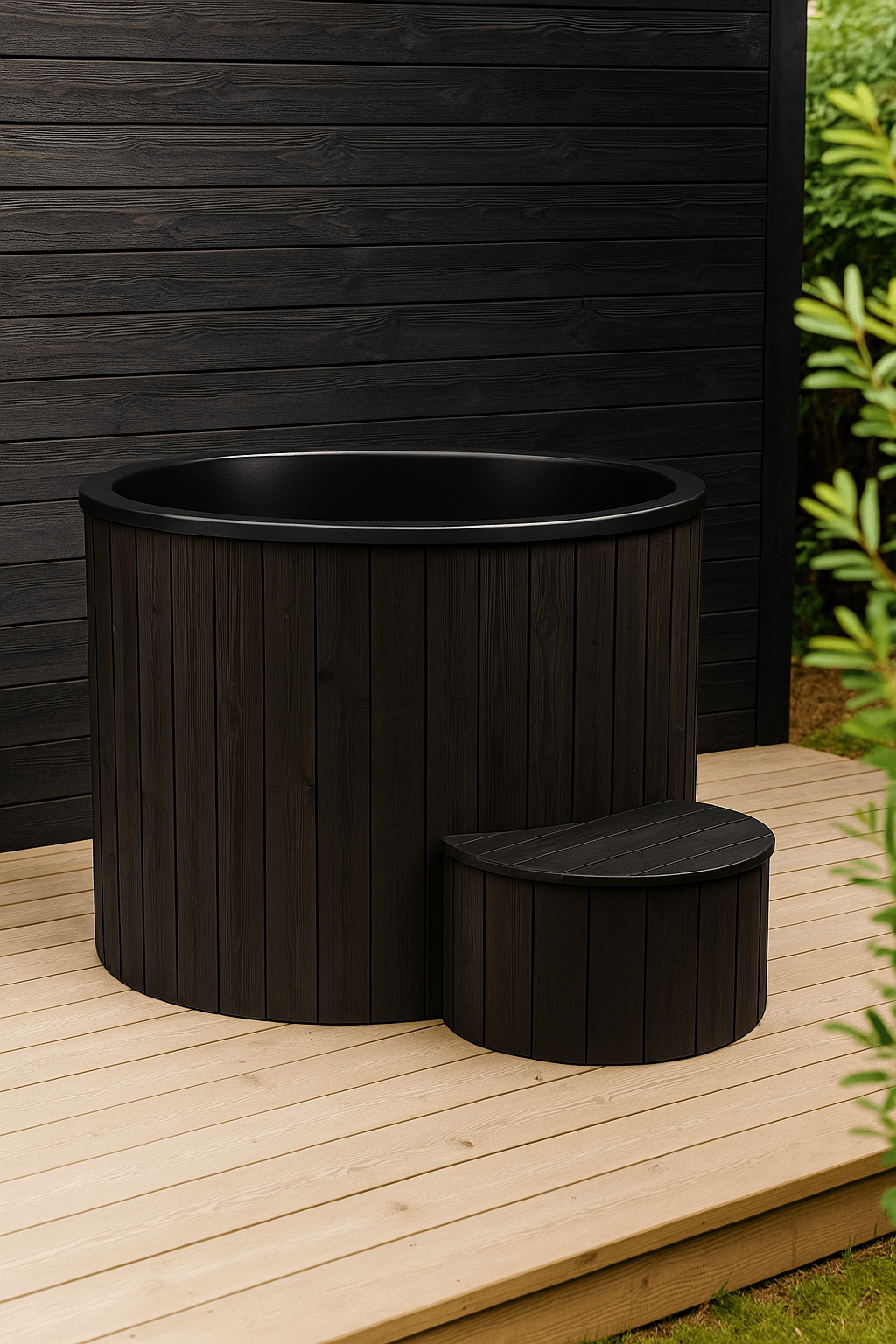 SaunaLife 1 person immersion tub designed with sleek black wood finish and convenient step for easy access