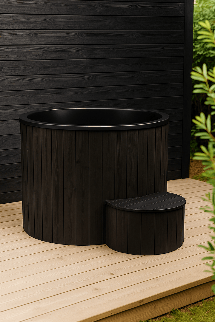 SaunaLife 1 person immersion tub designed with sleek black wood finish and convenient step for easy access