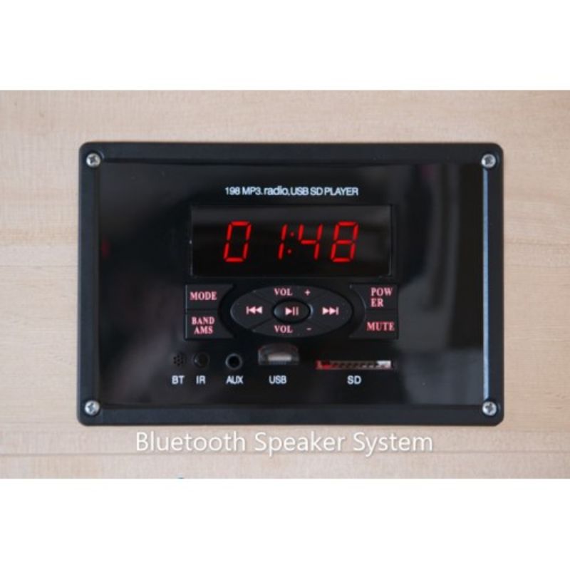 Control panel of a SunRay 1-person infrared sauna with Bluetooth speaker system and digital display