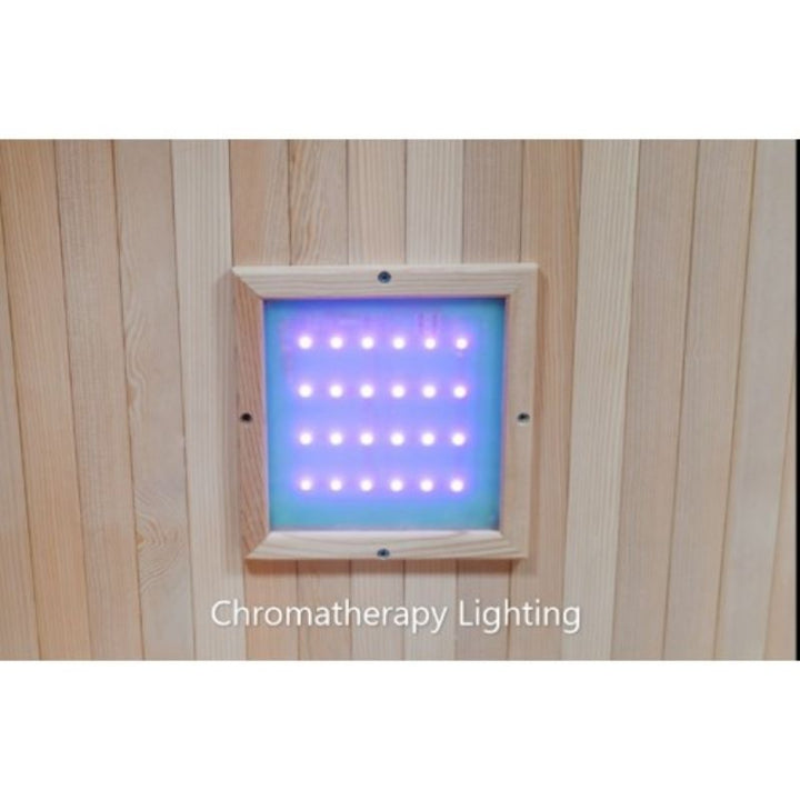 Chromatherapy lighting panel in SunRay 1-person infrared sauna for enhanced relaxation