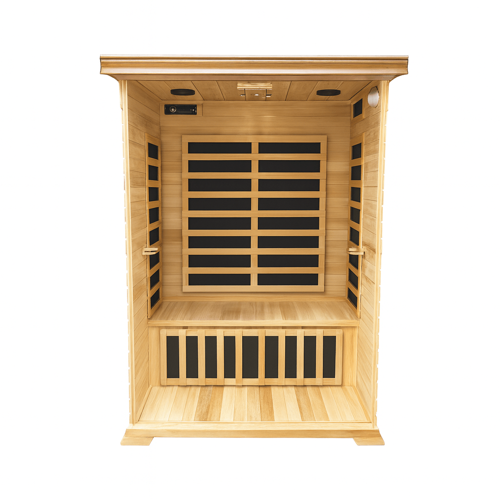 SunRay 1-person infrared sauna featuring wooden interior and sleek design for personal relaxation